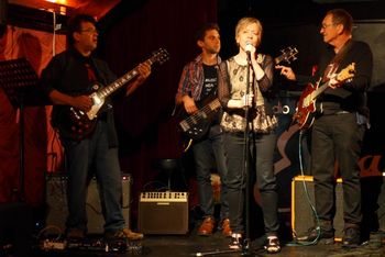 All Together Now: Singing "You Can't Do That," with John, Isaac, and HooP at Ella Lounge, August 1, 2014. Photo by Terry Bisbee.
