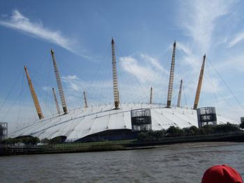 On a Thames ferry to O2 stadium, Greenwich, London to see "Carmen" with Erika, Jon & Rosamund
