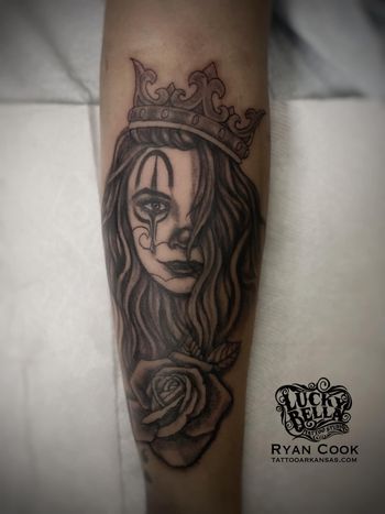 Clown Girl Portrait by Ryan Cook at Lucky Bella Tattoos in North Little Rock, AR
