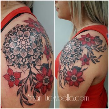 Mandala and Red Flowers Shoulder Cap Tattoos by Shari Qualls at Lucky Bella Tattoos in North Little Rock, AR
