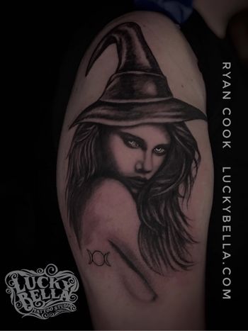 Witchy Woman Large scale black and gray nude witch portrait with small crescent moon tattoo.
