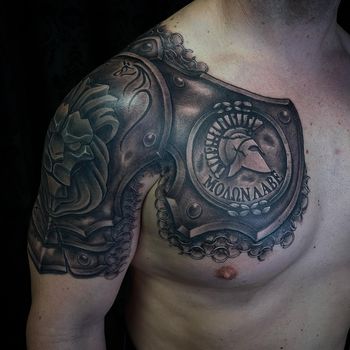 Armor Sleeve and Chest Piece by Howard Neal at Lucky Bella Tattoos in North Little Rock, AR
