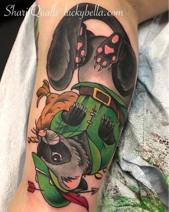 Ferret Robinhood Tattoo by Shari Qualls at Lucky Bella Tattoos in North Little Rock, AR
