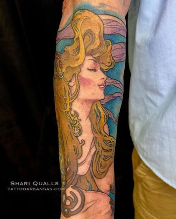 Alphonse Mucha Cigarett Cover Piece by Shari Qualls at Lucky Bella Tattoos in North Little Rock, Arkansas
