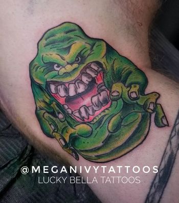 Slimer Tattoo by Megan Ivy at Lucky Bella Tattoos in North Little Rock, AR

