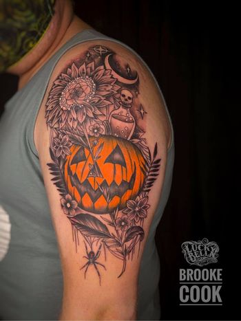 Halloween Half Sleeve by Brooke Cook at Lucky Bella Tattoos in North Little Rock, AR
