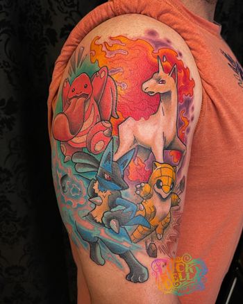 Pokemon Half Sleeve by Howard Neal at Lucky Bella Tattoos in North Little Rock, AR
