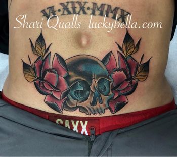 Neotraditional Skull and Roses Coverup Tattoo by Shari Qualls at Lucky Bella Tattoos in North Little Rock, AR
