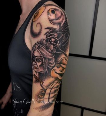 Nightmare Before Christmas Sleeve  by Shari Qualls at Lucky Bella Tattoos in North Little Rock, AR
