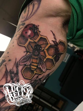 Honey Comb and Insect Tattoos by Ryan Cook at Lucky Bella Tattoos in North Little Rock, AR
