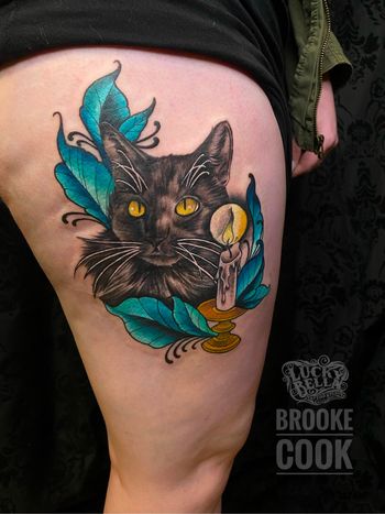 Cross-Eyed Kitty Portrait Tattoo by Brooke Cook at Lucky Bella Tattoos in North Little Rock, AR
