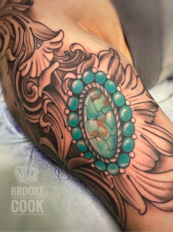 tooled leather and turquoise tattoo by Brooke Cook
