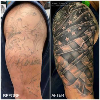 American Flag Half Sleeve Coverup by Howard Neal at Lucky Bella Tattoos in North Little Rock, AR
