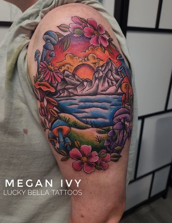 Mushroom Nature Scene by Megan Ivy at Lucky Bella Tattoos in North Little Rock, Arkansas
