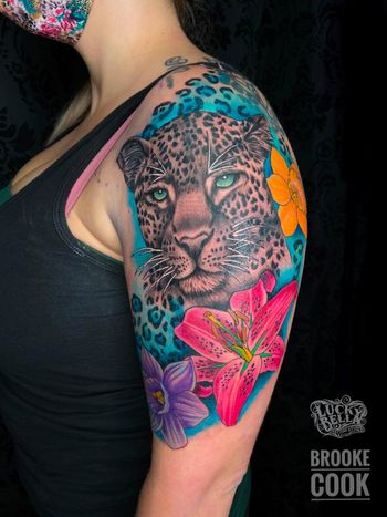 Leopard Half Sleeve by Brooke Cook at Lucky Bella Tattoos in North Little Rock, AR
