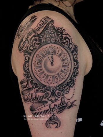 Thirteen Hour Clock/Time Piece Tattoo by Shari Qualls at Lucky Bella Tattoos in North Little Rock, Arkansas
