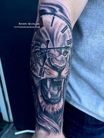 Lion Clock Tattoo by Shari Qualls at Lucky Bella Tattoos in North Little Rock, AR

