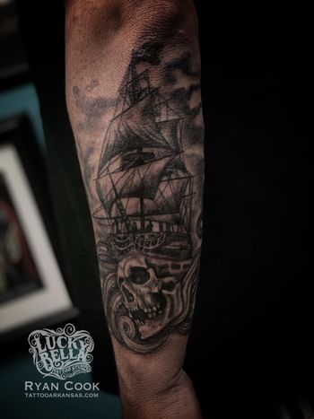 Skull Clipper Ship Tattoo by Ryan Cook at Lucky Bella Tattoos in North Little Rock, AR
