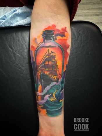 Fun ship in a bottle covering scars by Brooke Cook
