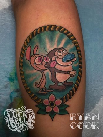 Ren and Stimpy Traditional Tattoo by Ryan Cook at Lucky Bella Tattoos in North Little Rock, Arkansas
