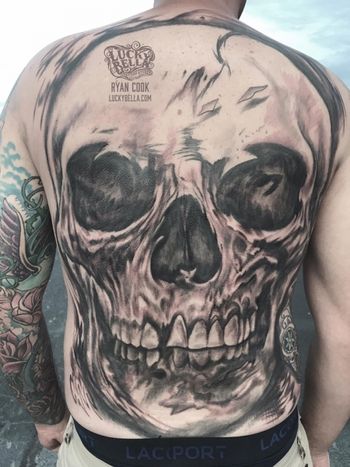 Skull Back Piece in Progress by Ryan Cook at Lucky Bella Tattoos in North Little Rock Arkansas Skull Back Piece in black and grey in  progress
