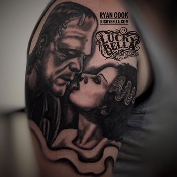 Frankenstein's Monster and Brideby Ryan Cook at Lucky Bella Tattoos in North Little Rock, Arkansas

