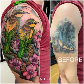 Birds and Flowers Coverup Tattoo by Shari Qualls at Lucky Bella Tattoos in North Little Rock, AR
