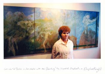 Carmela Tal Baron in her studio 2003 The Three Headed Elephant A triptych Acrylic on Canvas Total size 10O” x 40”
