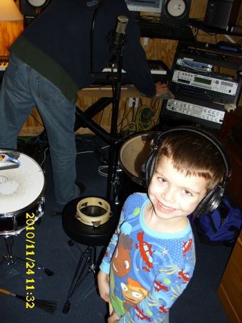 Caden's first studio session Recording some drums
