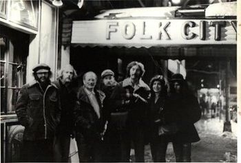 Folk City, March 1975 (l-r) Mark Cohen, Bob Potter, Mike Porco, Jack Hardy, Hugh Prestwood, Toshiko, Roland
