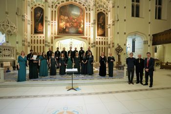 St Malachy's 12 More than Gold concert in St Malachy's Church Belfast: Cappella Caeciliana with Anselm McDonnell (composer), Donal McCrisken (conductor) and Niall Leonard (organist and composer) at the conclusion of the concert. Photo by Vincent McLaughlin
