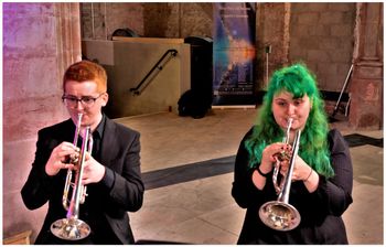 Trumpeters George Sandford and Hannah Murray perform in the wind and brass orchestra in Bruckner's Mass No. 2 in E Minor. Cappella Caeciliana Cathedrals of Sound concert, Carlisle Memorial Church, Belfast, 19/6/22. Photograph by Vincent McLaughlin
