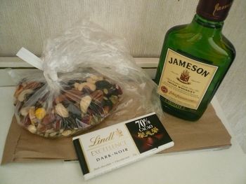 Musicians hotel room emergency kit: trail mix, dark chocolate & Jamesons!
