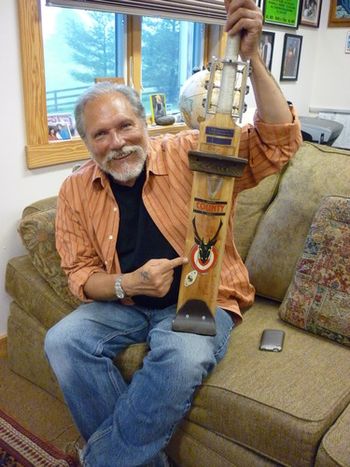 Jorma Kaukonen shows off his 'cricket bat' lap steel guitar, backstage at Fur Peace Station. For more photos from Fur Peace 2009 and 2010 click here
