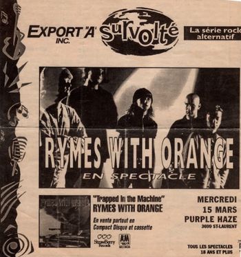 Promo ad from "Purple Haze", Montreal '95 Rymes With Orange Live, Wednesday March 15, 1995
