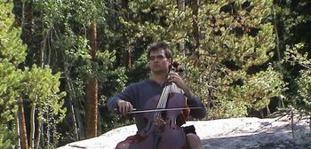 Cellist, Daniel Gaisford in Aspen, Colorado. / Warm up outdoors for a rehearsal at the Aspen Music Festival. 1706 Matteo Goffriller Cello, "Warburg"
