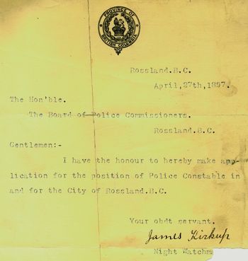 Application by James Kirkup for Rossland Police Constable 1897
