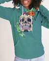 Women's Teal Floral Pullover Hoodie Sugar Skull By Thalia Gonzalez Collection