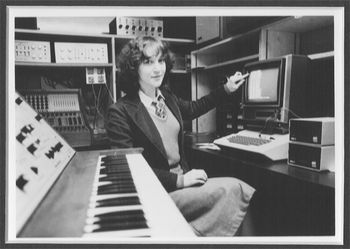 1982_UofP_Studio1 My first Apple- the IIE, running Soundchaser Music System. In lab with vintage synths.
