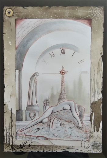 Cemetery - sanguine, watercolours

