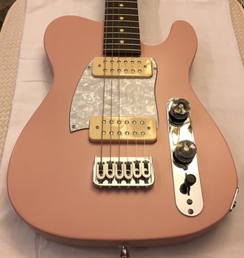 Lippi Box - Little Lippi Model T in Shell Pink McNelly "Cornucopia" P-90 Humbuckers - mini swamp-ash t-style body - Tinted Danish Oil on a roasted-maple neck with 22 fret rosewood fretboard - 24 3/4" scale - 10-16 compound radius fretboard - HipShot Bridge
