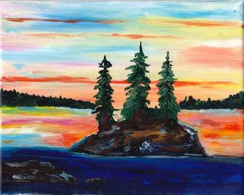 Sold ;Sunset Crooked Lake" 8x10'' acrylic on canvas. I had to work fast to get the colours down on this little sketch. Another fantastic fishing trip on the "height of the land" portage to James Bay.Price $225.00  plus shipping includes birch bark frame hand by this artist.
