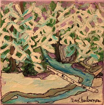 Title:"Winter / Wawa Creek"...4"x4" acrylic on canvas. Wawa Creek winds it's way down to Lake Superior. It crosses Hwy 17 and finally meets the Magpie and Michipicoten River a mile or so from the Big Lake.(SOLD)
