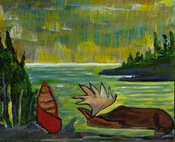 Title: "Transition and Death" 8x10" acrylic on canvas. I've been carrying this image in my head for the last forty years...and it just surfaced a couple of mornings ago. The canoe is symbolic of a human birth for this moose who has sacrificed it's body for a human being. (Part of my Transition Series)Sold
