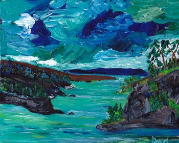 "Pukaskwa Magic" 8x10 acrylic on canvas board. North of Superior Series.Pukaskwa National Park is situated on the North Eastern shore of Lake Superior. The rugged remote shoreline is no place for the timid in spirit. The weather patterns can change the mood of Gitche Gummee very suddenly...but the natural beauty you'll carry with you for the rest of your life!This painting  comes with a frame and sells for $195.00 <span style="color: rgb plus shipping.
