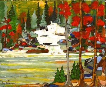 Title: "Borzoi Falls/Manitowik Lake..."8x10" acrylic on canvas...I painted this a few days before the moose hunt up here in N.Ontario...the colours were crisp...the fish were biting and tasted pretty good on a shore lunch just below this scene....$200.00 "+ shipping.
