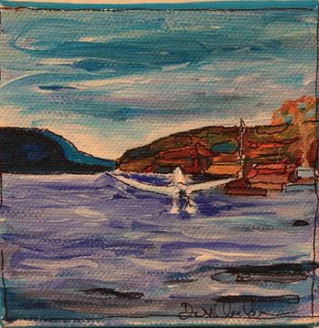 Title: "Plane Landing/ Wawa Lake"...4''x4'' acrylic on canvas.  Watson's Air base is located on Wawa Lake. This familiar scene starts as soon as ice out. Fishermen being flown into fishing paradise...Sold
