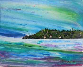 Title:"Michipicoten Lighthouse/Lake Superior"...24"x30"with 11/2" gallery wrapped painted sides....You can almost hear the wind moving the water on shore...a symphony of colours...price $395.00
