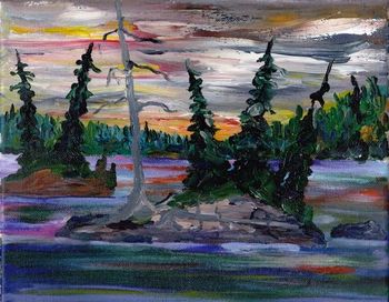 I spent four days on Crooked Lake in the Chapleau Game Preserve a few weeks ago and came back with some of her magic. This little painting is a reminder of the rugged beauty of Northern Ontario. Wherever placed in a home or office it will evoke a sense of tranquility. This painting is sold.
