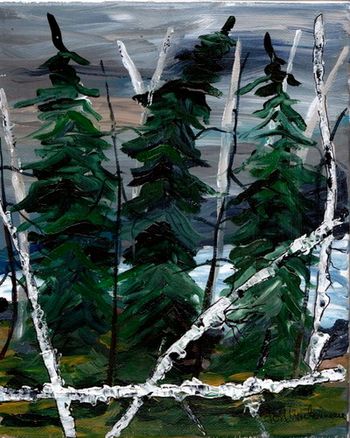 sold Shoreline Crooked Lake" 8x10" acrylic on canvas. This scene is not far from our campsite. The shoreline is just incredible and all paintable! I caught fish just below this stand of small Spruce trees. This painting is sold
